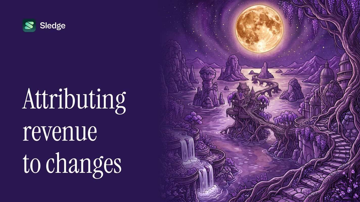 Illustrated treehouse village in violet linked by a bridge across island rocks, with waterfalls below a golden moon.