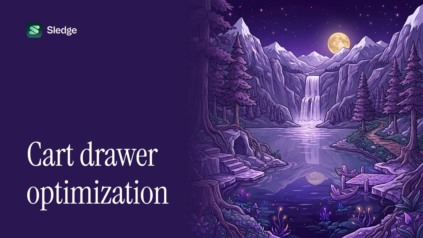 Illustrated waterfall between two violet mountains under a small moon, with pines along the near shore.