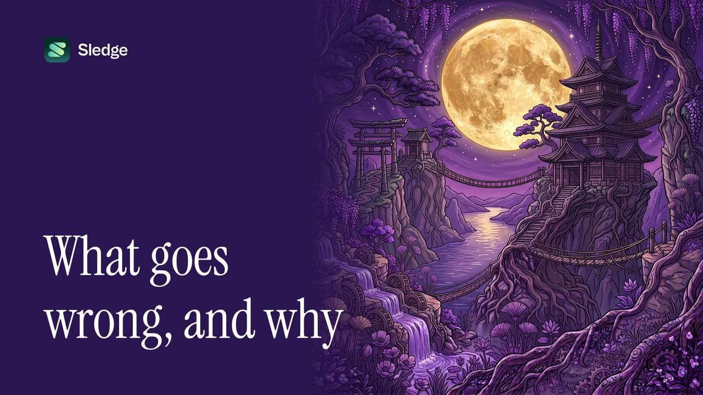 Illustrated pagoda in violet on a cliff above a river, with a bridge crossing under a full moon.