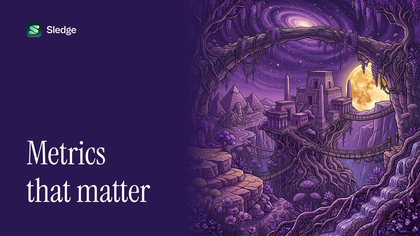 Illustrated distant city in violet framed by a vine arch, with a golden moon in the one gap.