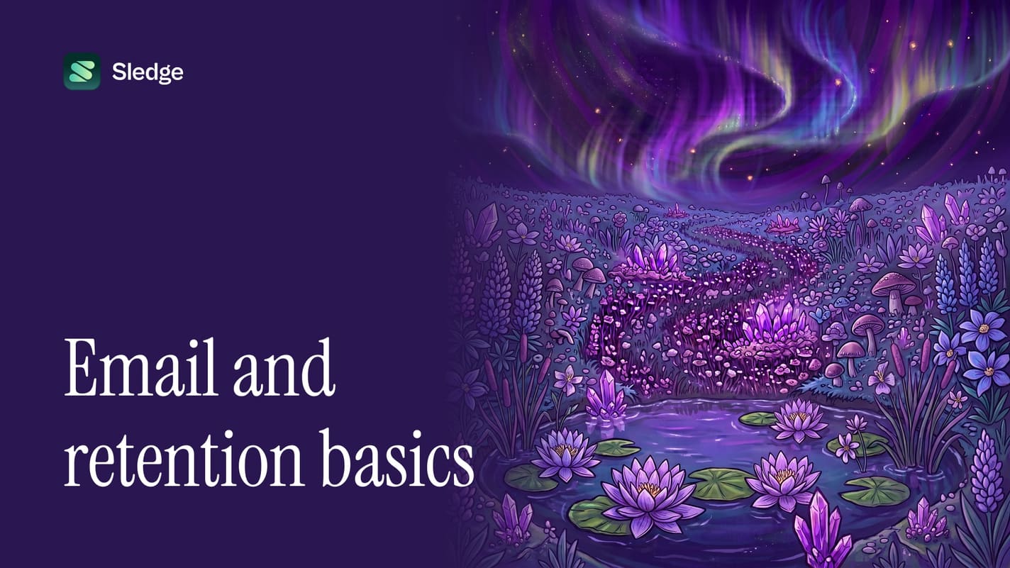 Illustrated aurora over a still pond in violet, with water lilies and crystals along its edge.