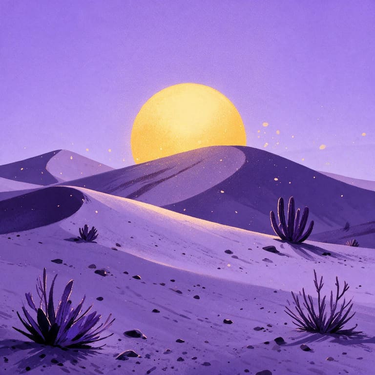 Illustrated violet dunes with a yellow sun low over the ridge.