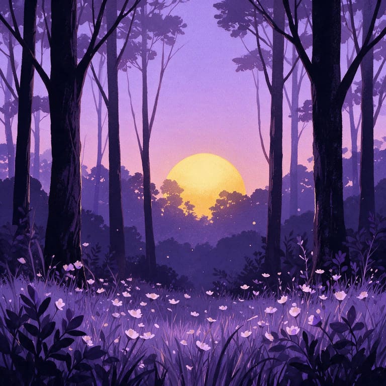 Illustrated violet forest at dusk, with a yellow sun between the trunks.