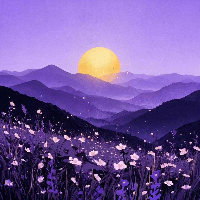 Illustrated violet ridges receding to a yellow sun, over a field of pale flowers.