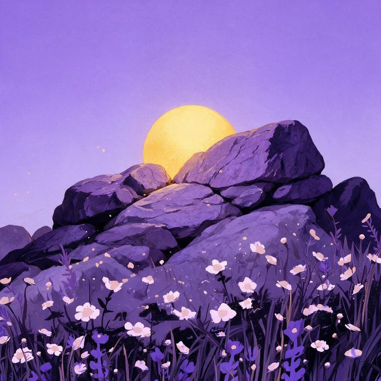 Illustrated violet rock outcrop with a yellow sun rising behind it.