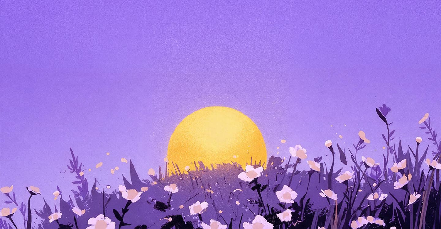 Illustrated dusk sky in violet over a field of pale wildflowers, with a large yellow sun low on the horizon.
