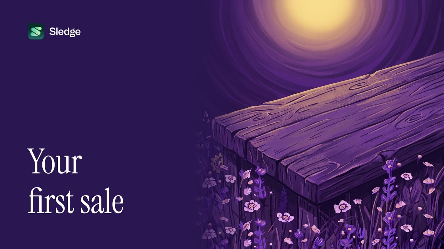 Illustrated weathered plank reaching out over a field of pale flowers in violet, under a wide sun.