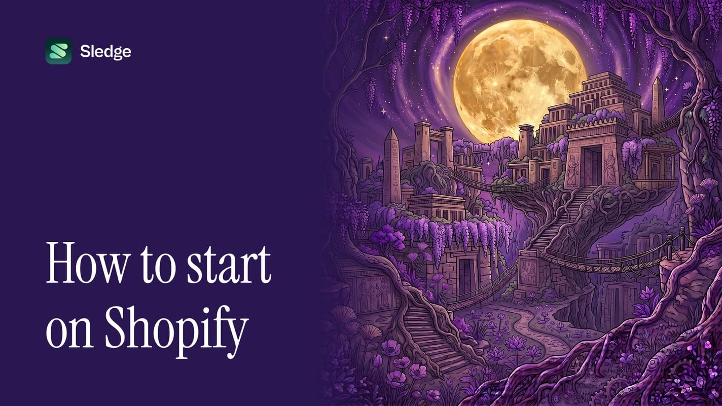 Illustrated stepped ruins in violet with staircases climbing between them, under a full moon and hanging wisteria.