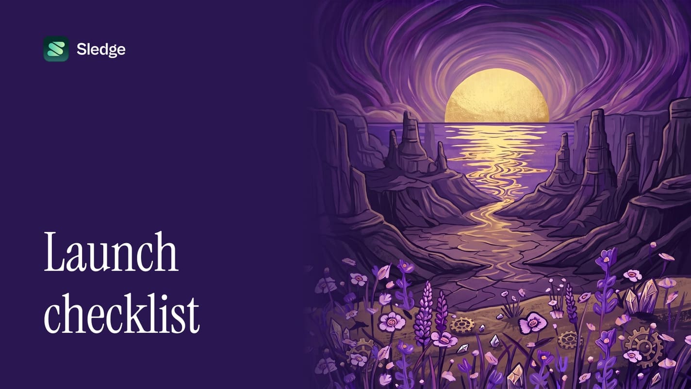 Illustrated yellow sun setting on the sea between two violet cliffs, with flowers on the near ledge.