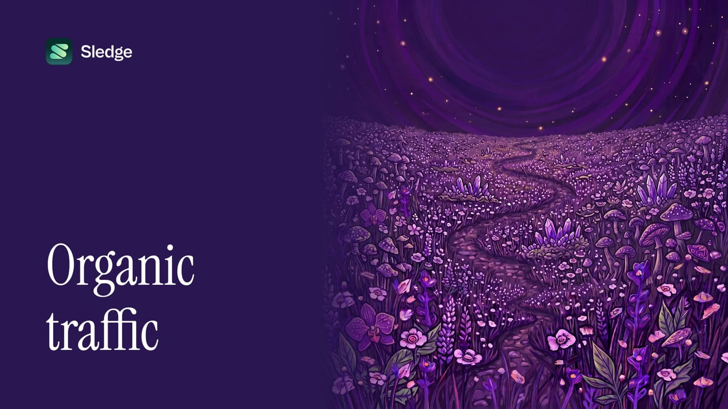 Illustrated footpath winding through a wide field of violet flowers toward a dark swirling sky.