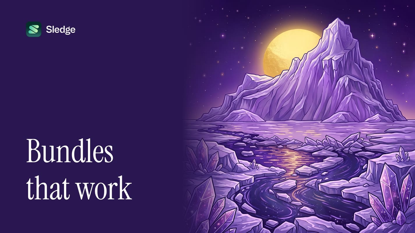 Illustrated icy peak in violet under a full moon, with a river threading the ice below.