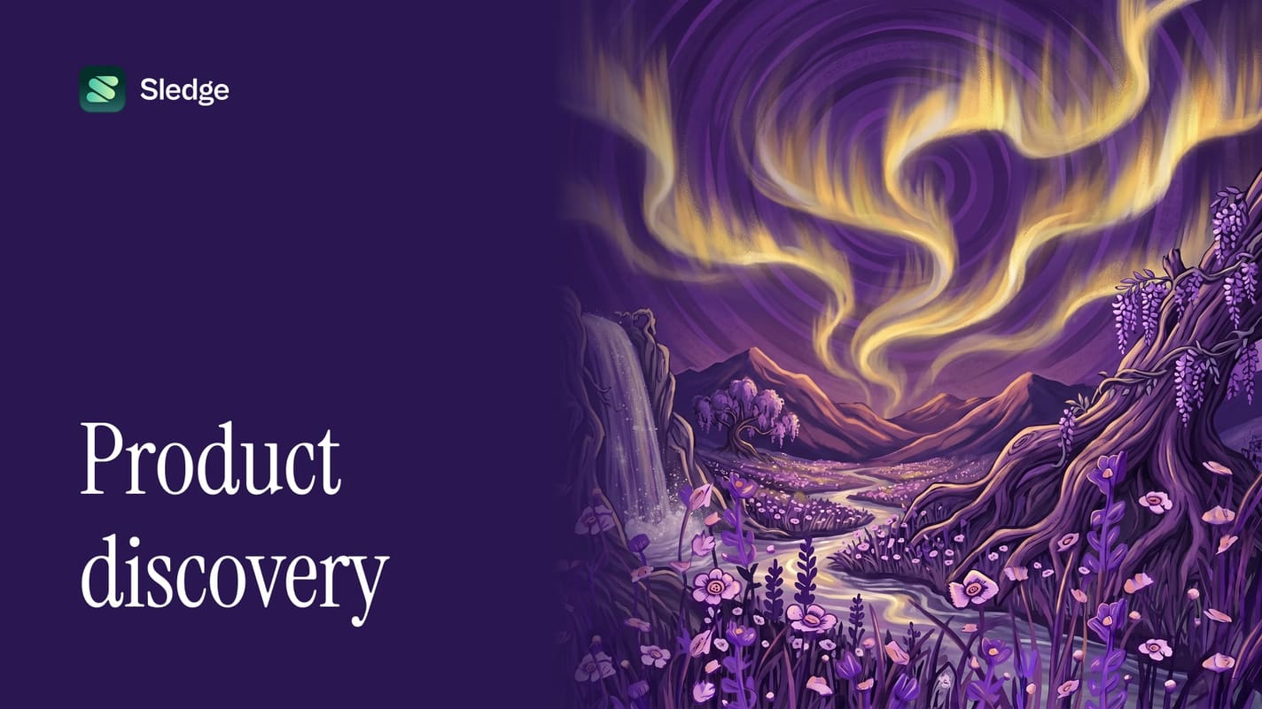 Illustrated golden aurora over a narrow violet canyon, with a river winding out of the waterfall below.