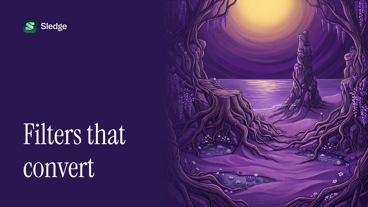 Illustrated rock spire standing in still violet water, framed by tree roots.