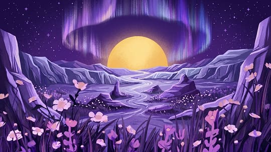 Illustrated yellow aurora over a pale violet river valley.