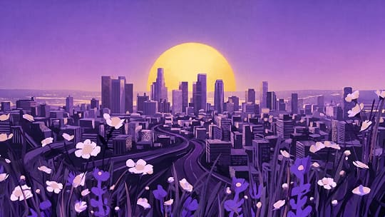 Illustrated city skyline in violet, with a yellow sun low behind the towers.