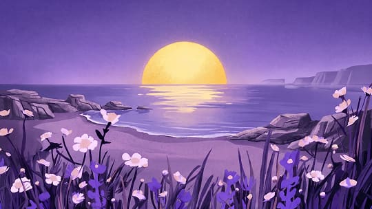 Illustrated violet coastline, with a yellow sun setting on the water between two headlands.