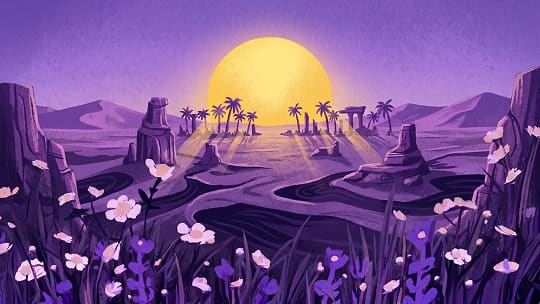 Illustrated desert at dusk in violet, with palms on the horizon under a low yellow sun.