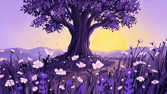 Illustrated tree in violet on a rise of pale flowers, with a yellow sun behind it.