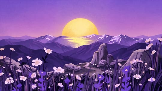 Illustrated violet mountains behind a still lake, with a low yellow sun.