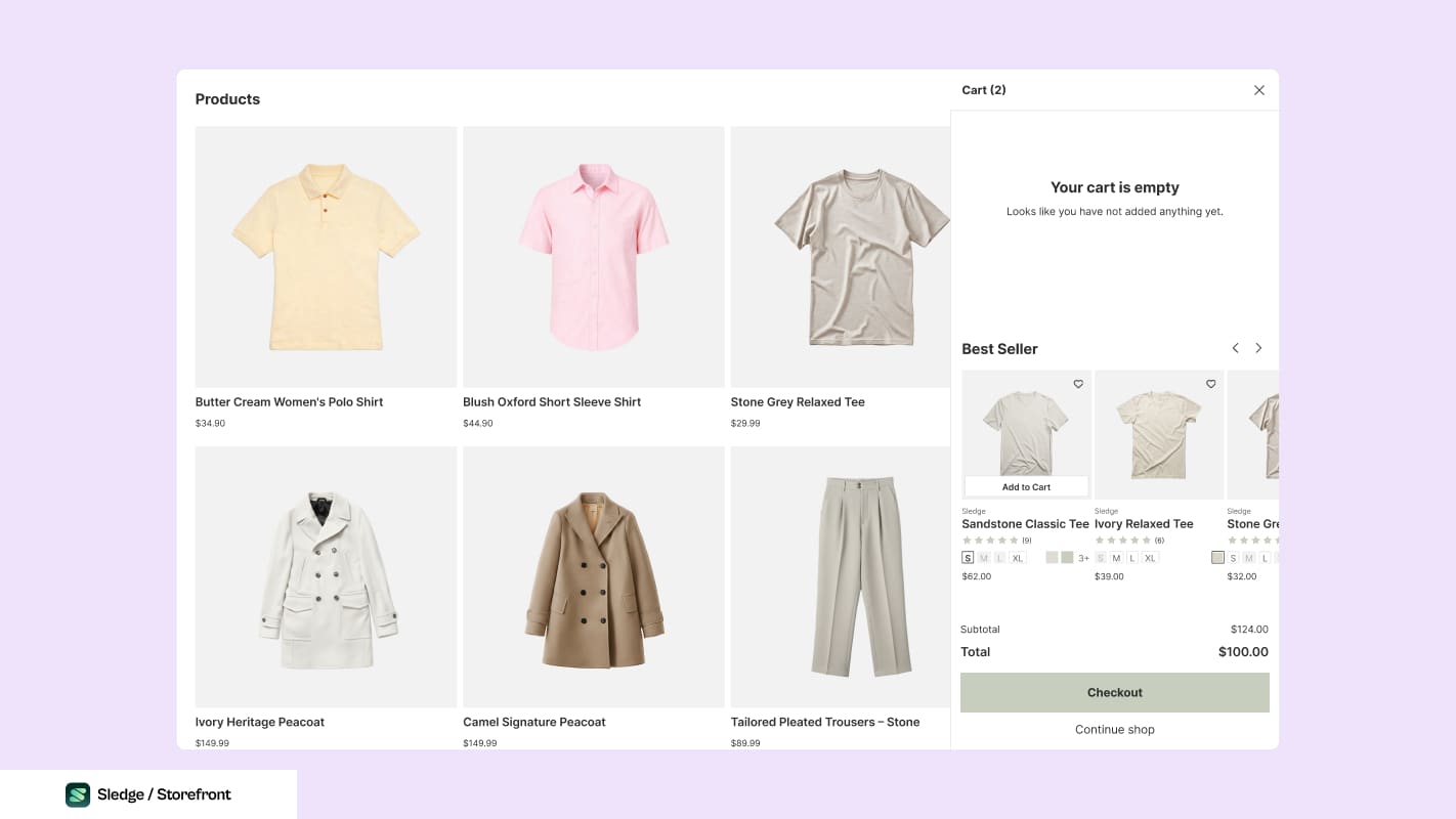 Screenshot of a storefront collection page with the cart drawer open and empty, showing a single best seller row beneath the empty cart message.
