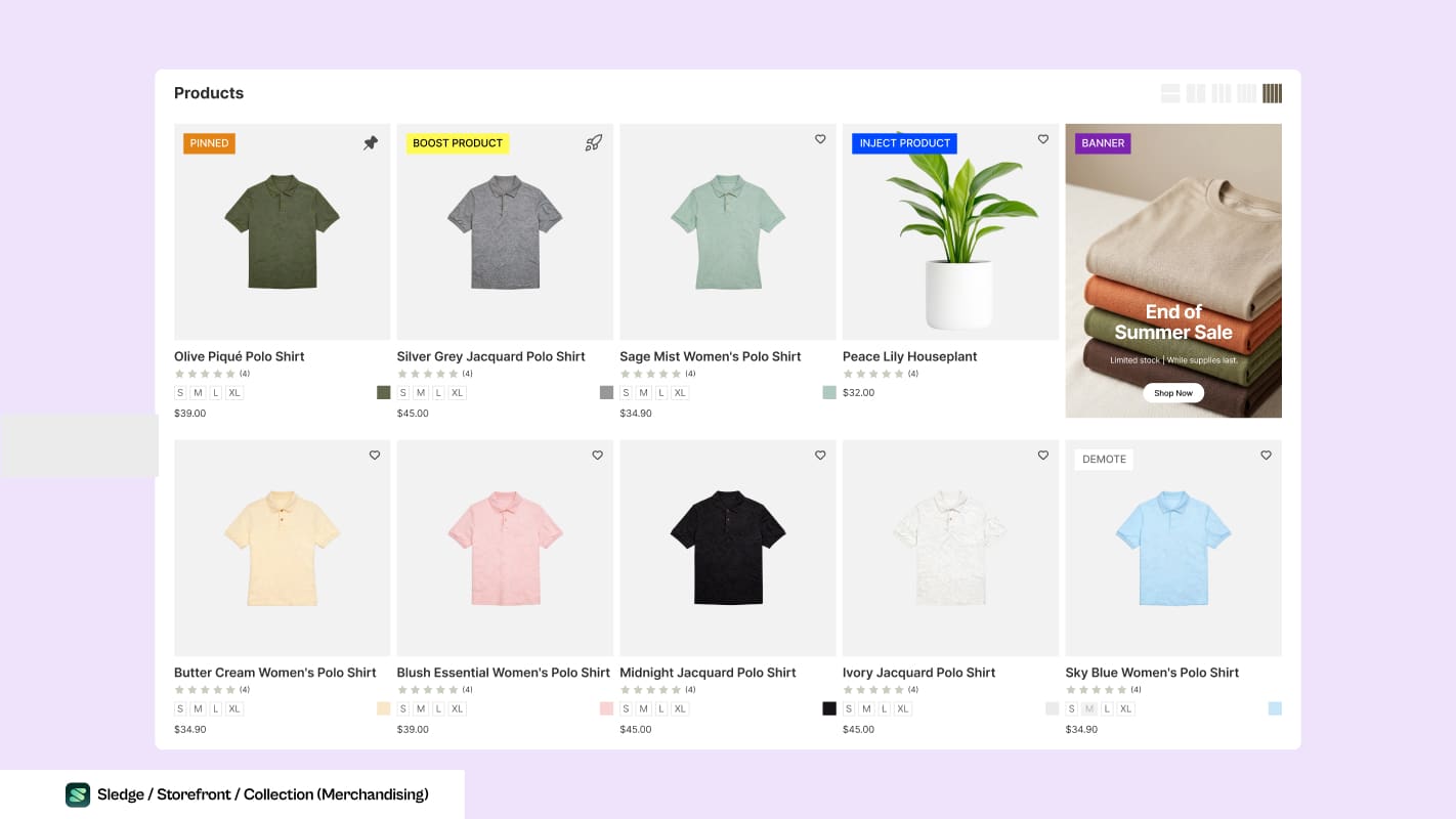 Screenshot of a storefront collection grid, with badges marking one product pinned, one boosted, one injected and one demoted, and a promotional banner occupying a product slot in the first row.