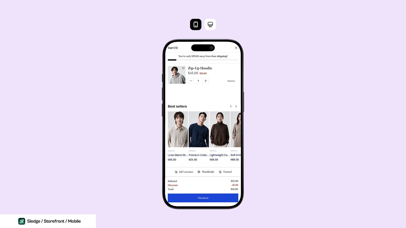 Screenshot of a cart drawer on a phone, with the free shipping line at the top, one item, a best sellers row, and the totals and checkout button held at the bottom of the screen.