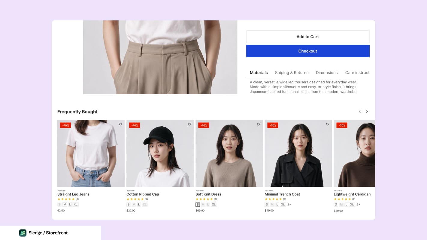 Screenshot of a storefront product page with the add to cart and checkout buttons at the top and a frequently bought row of five discounted products running below them.