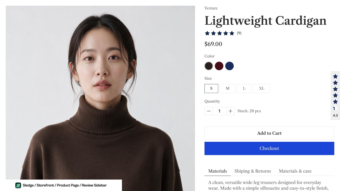 Screenshot of a storefront product page showing a star rating and review count under the product title, with price, colour and size options, an add to cart button, and a review tab anchored to the right edge of the window.