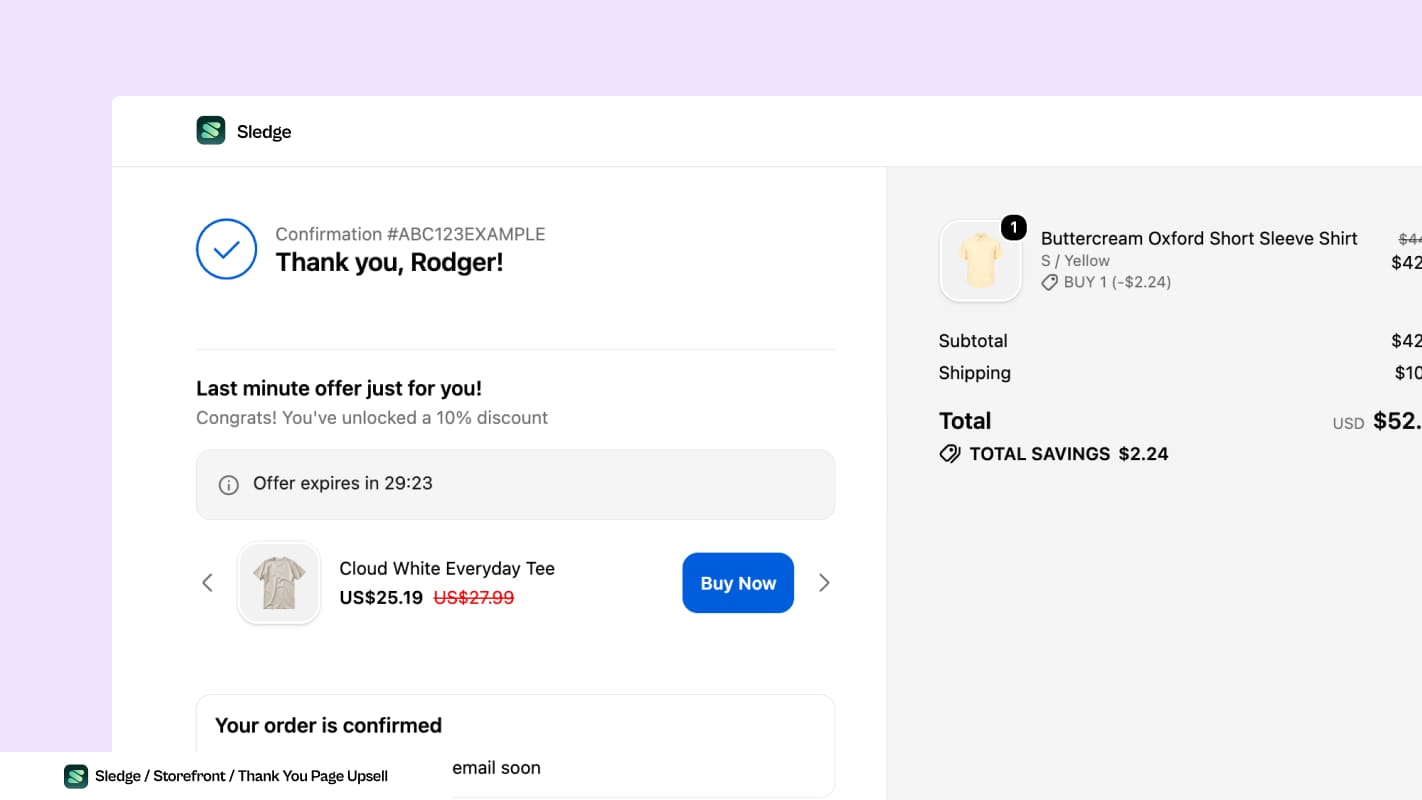 Screenshot of a storefront order confirmation page, with a thank you message, a last minute offer, an expiry countdown and one discounted product with a buy now button down the left, and the order summary on the right.