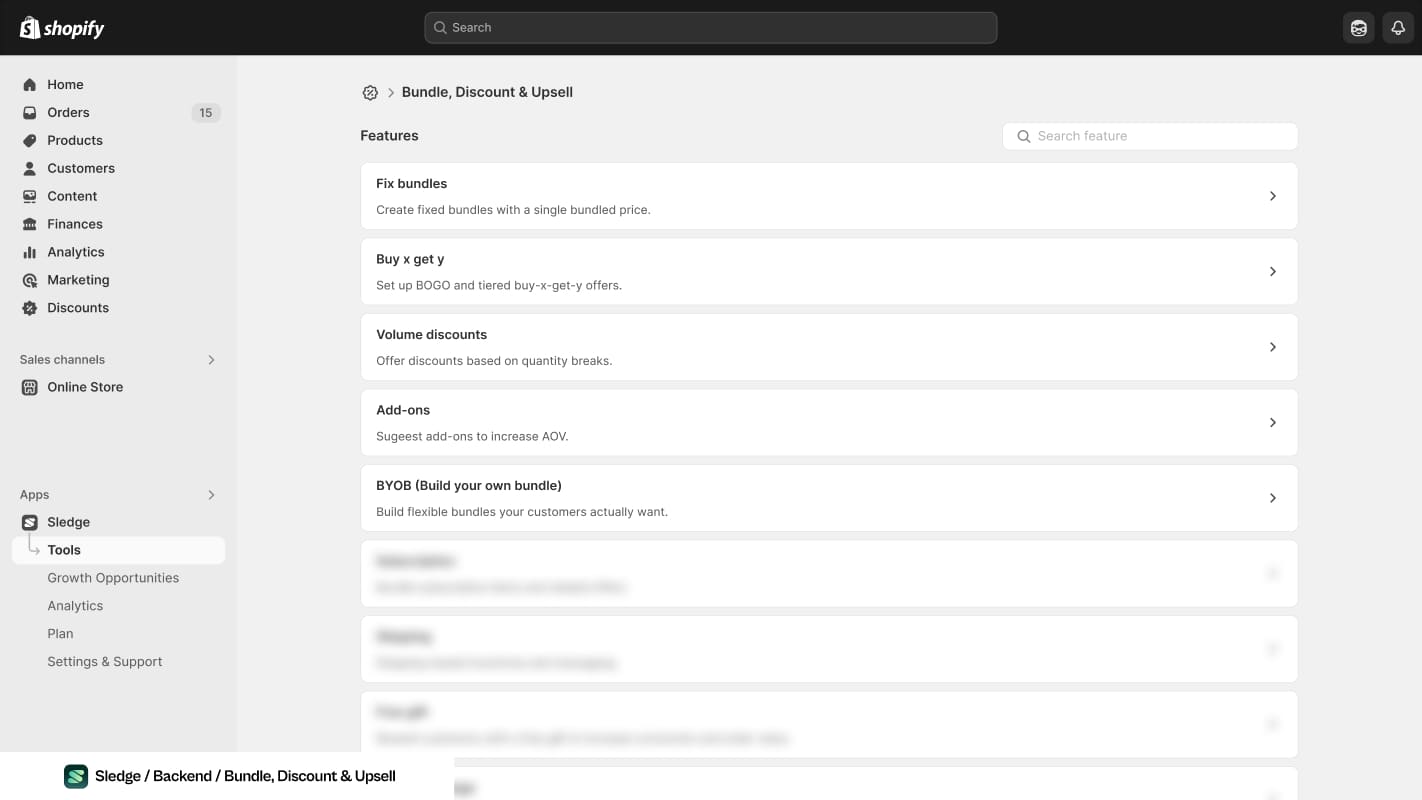 Screenshot of the Sledge bundle feature list in Shopify admin, showing fixed bundles, buy x get y, volume discounts, add-ons and build your own bundle as separate options.