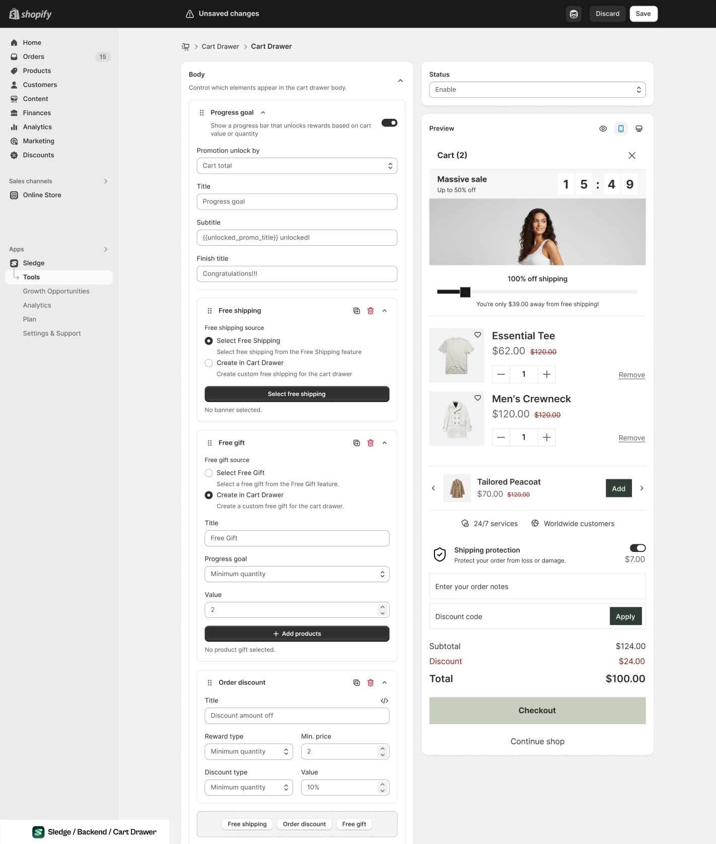 Screenshot of the Sledge cart drawer editor, with progress goal, free shipping, free gift and order discount blocks on the left and a live cart preview showing the shipping progress bar, line items and totals on the right.