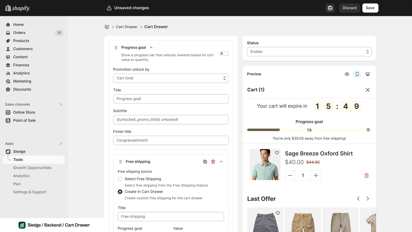 Screenshot of the Sledge cart-drawer settings screen, with the progress-goal and free-shipping fields on the left and a live preview of the drawer on the right.