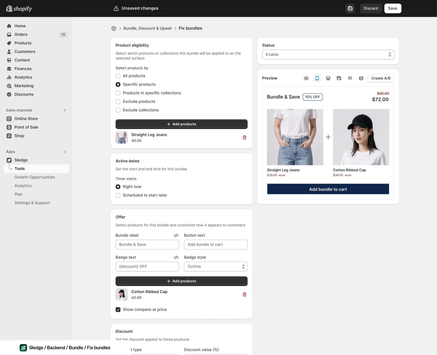 Screenshot of the Sledge fixed bundle editor, with product eligibility, active dates and offer fields on the left and a live preview of the bundle card and its add to cart button on the right.
