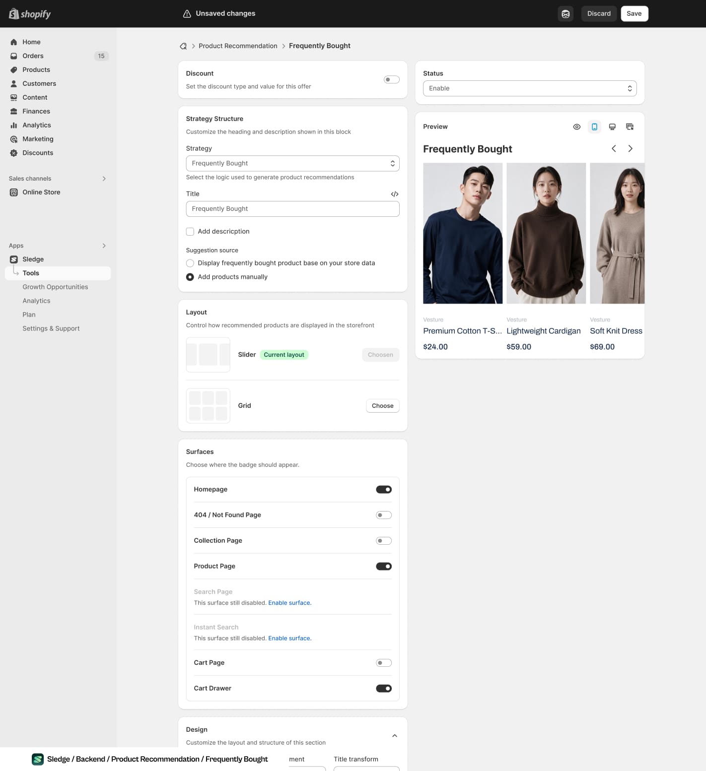 Screenshot of the Sledge product recommendation editor, with strategy, layout and per surface toggles on the left and a live preview of the recommendation row on the right.