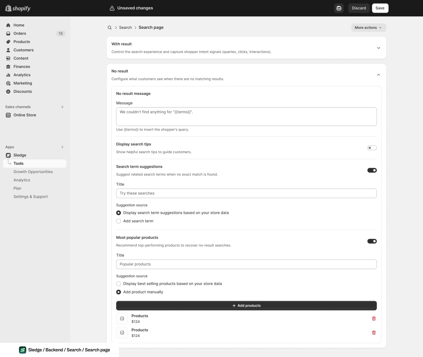 Screenshot of the Sledge search page settings in Shopify admin, showing the no result section with an editable message that inserts the shopper's query, search term suggestions drawn from store data, and a row of popular products.