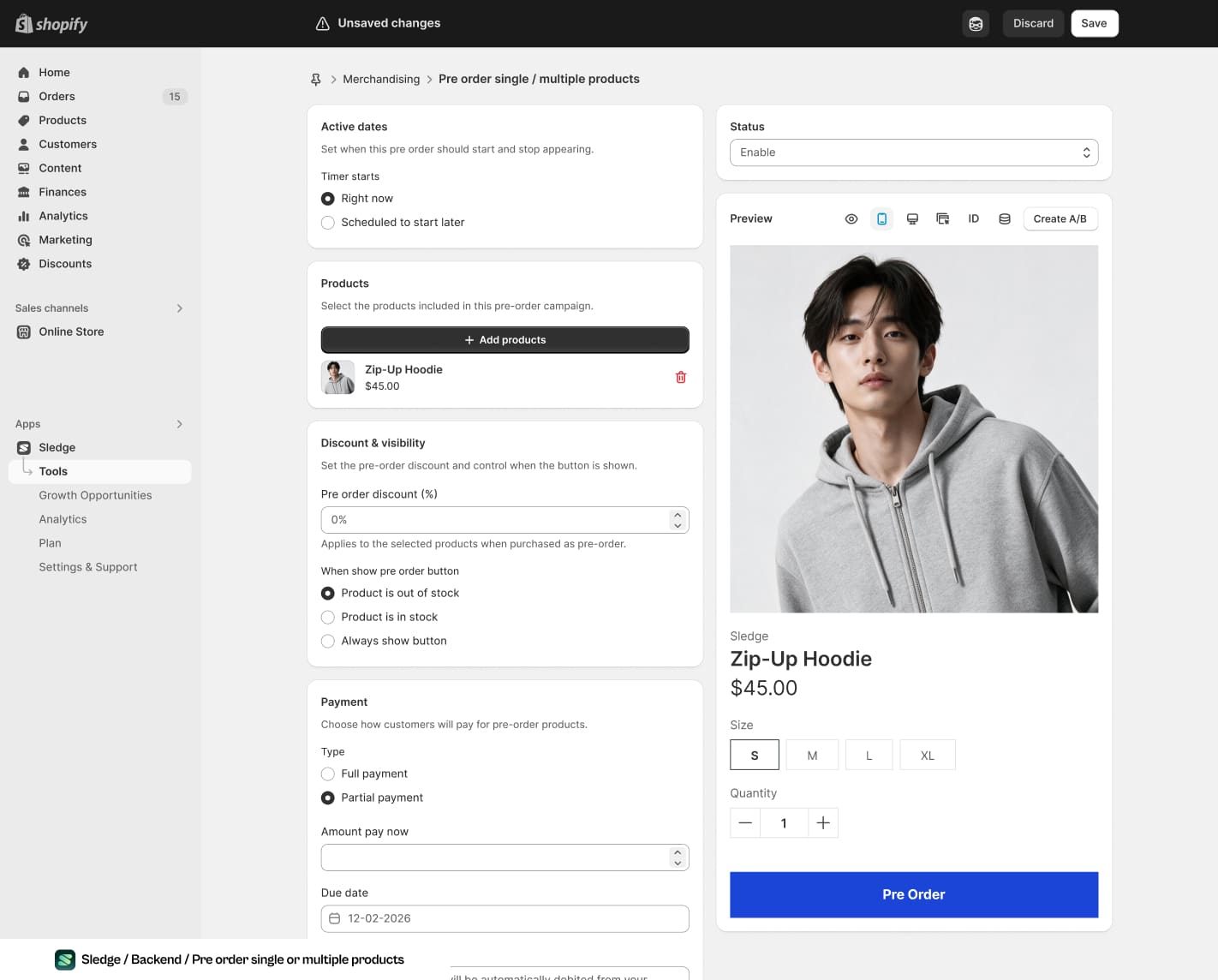 Screenshot of the Sledge pre order editor, with active dates, product selection, discount visibility and payment type on the left and a live product page preview showing a pre order button on the right.