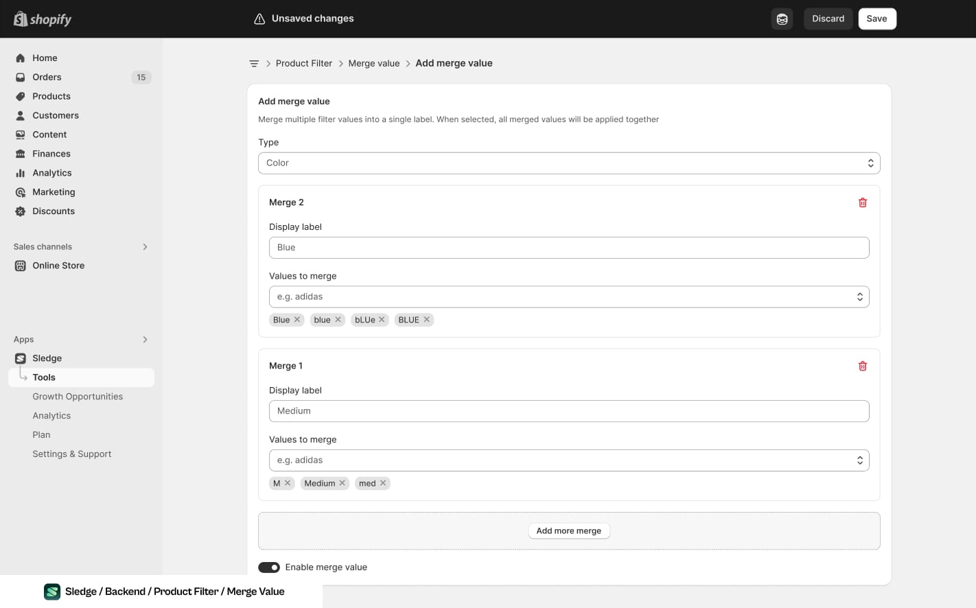 Screenshot of the Sledge filter merge screen in Shopify admin, with a colour merge grouping four casings of blue under one display label and a size merge grouping M, Medium and med under another.