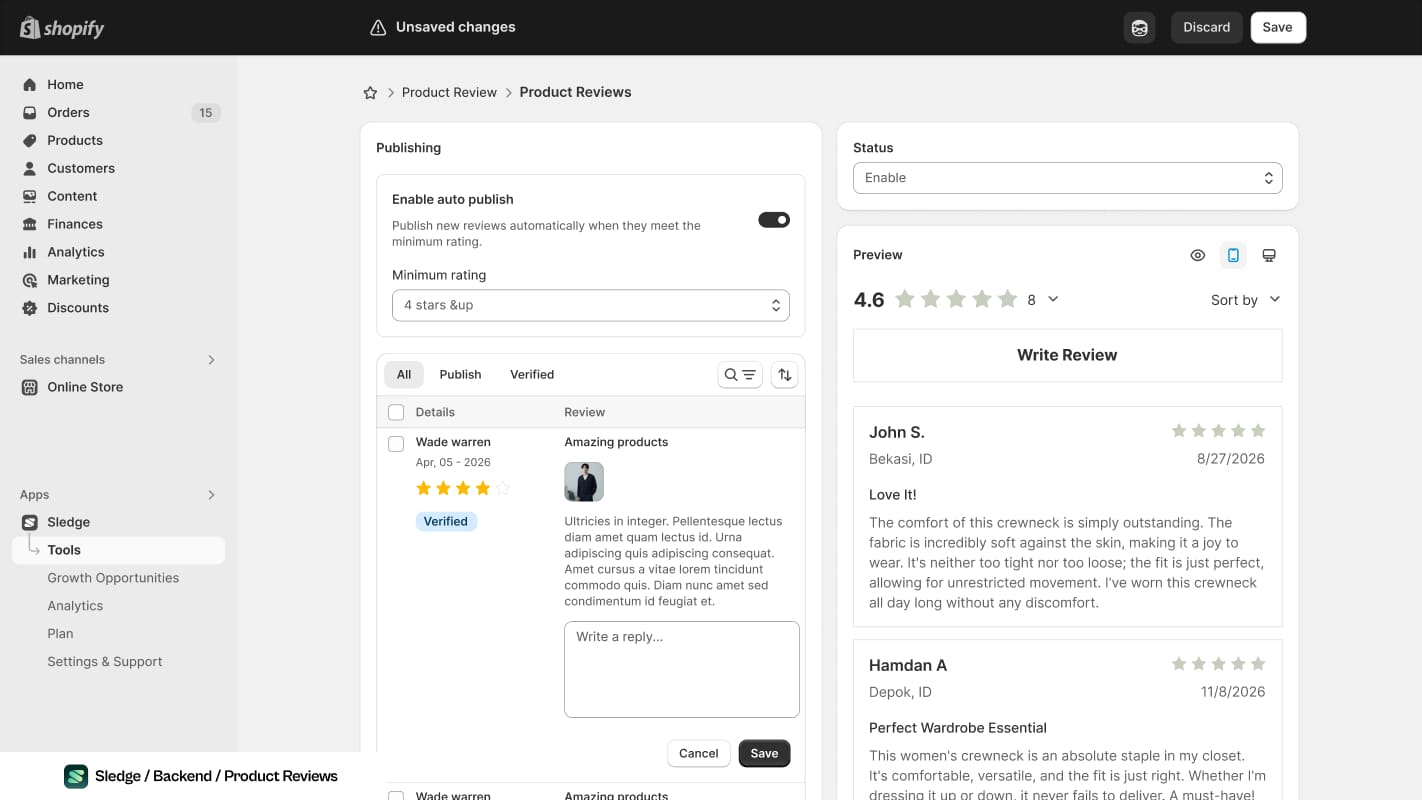 Screenshot of the Sledge product reviews screen in Shopify admin, with auto publish and a minimum rating on the left above a review list and a reply box, and the storefront review widget previewed on the right.
