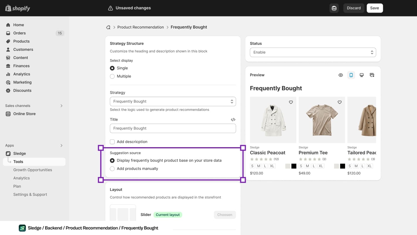 Screenshot of the suggestion source setting in a recommendation block, with the option to build the row from store order data selected instead of adding products by hand.