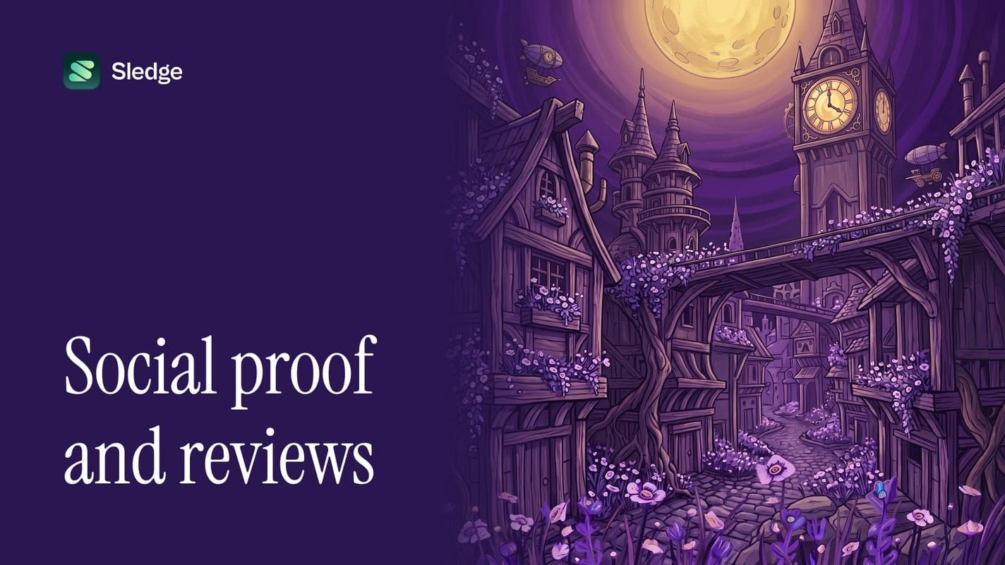 Illustrated crooked townhouses and a clock tower in violet, leaning together under a moon.