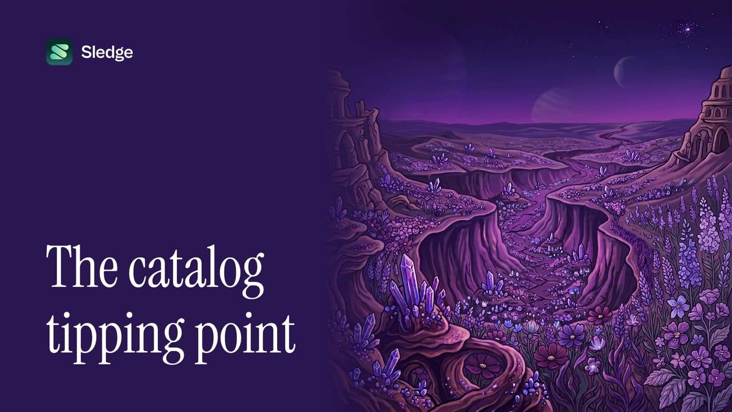 Illustrated eroded canyon in violet splitting a wide plain under a pale sky.