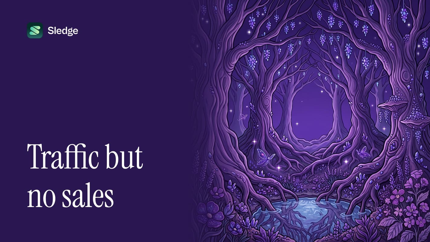 Illustrated dark forest tunnel in violet opening onto a small blue pool.