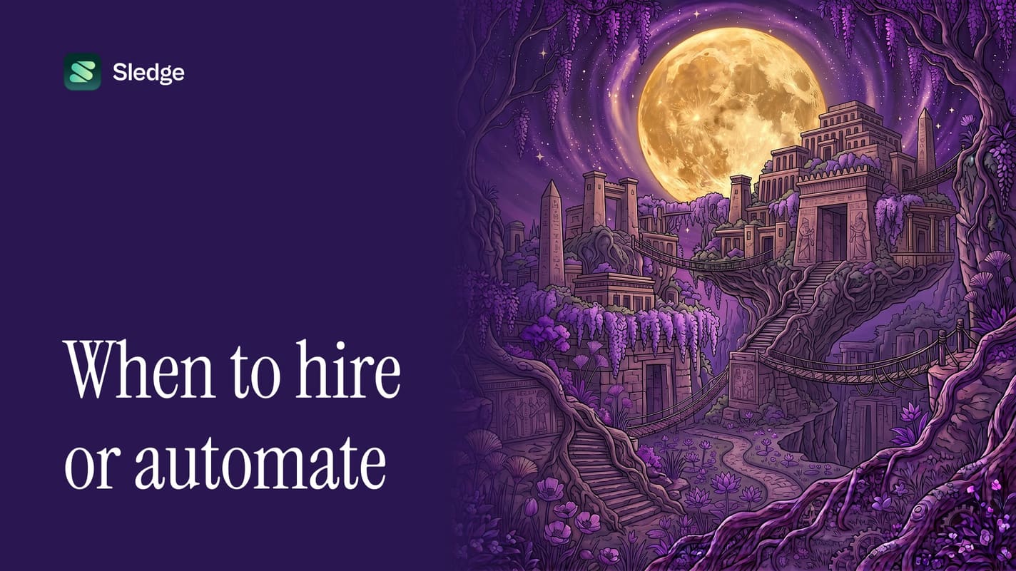 Illustrated temple ruins in violet with an obelisk and carved pylons, linked by a bridge over the cliff under a golden moon.