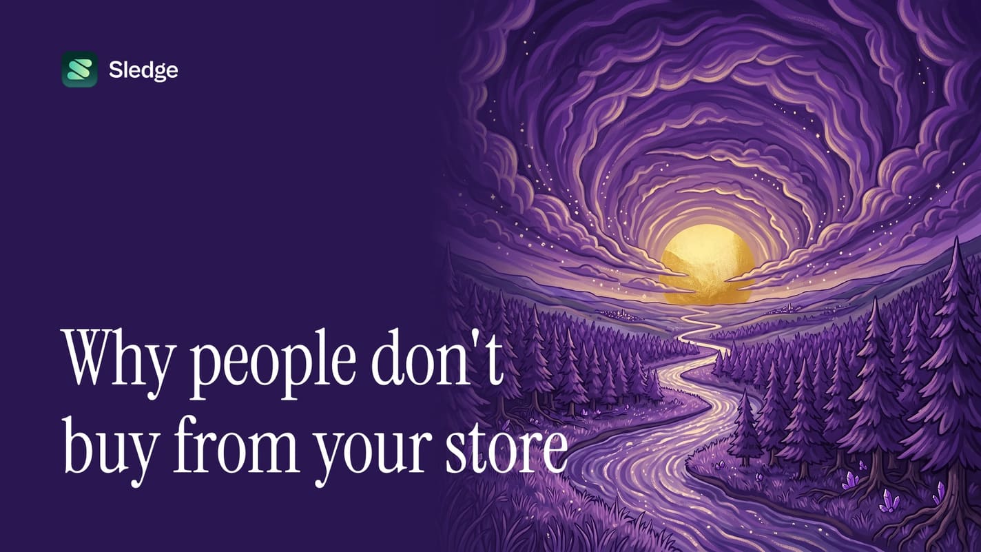 Illustrated violet cloud spiralling toward a small sun on the horizon, above a river running through pines.